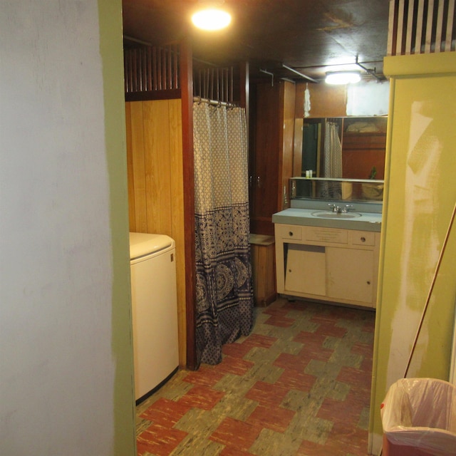 70 Forest Park Dr, Nashua, NH 03060 - bathroom with vanity, a shower with shower curtain, and tile patterned floors