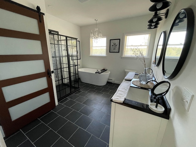 885 N St, Wells, VT 05774 - full bath featuring a soaking tub, tile patterned flooring, vanity, a baseboard heating unit, and a chandelier