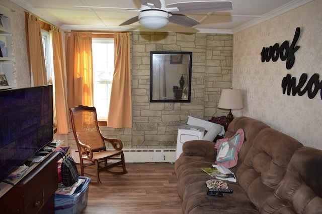 18 Bridge St, Lancaster, NH 03584 - living area with ornamental molding, wood finished floors, a ceiling fan, and wallpapered walls