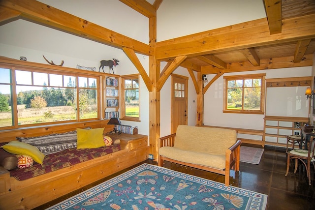 360 Coles Rd, Westmore, VT 05860 - living room featuring beamed ceiling