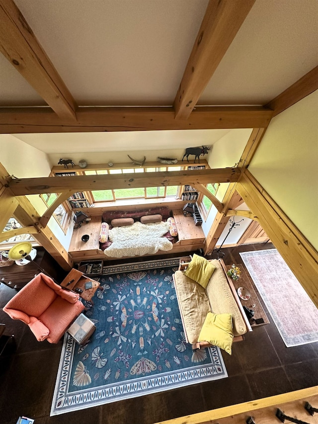 360 Coles Rd, Westmore, VT 05860 - living room featuring beamed ceiling