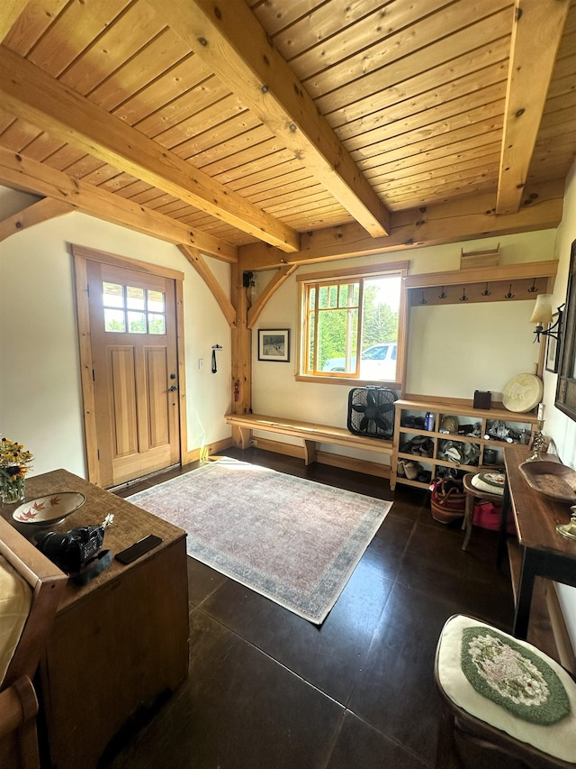 360 Coles Rd, Westmore, VT 05860 - foyer featuring wooden ceiling with exposed beams and tile patterned flooring