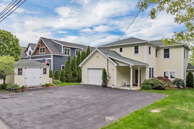 90 Paugus Park Rd, Laconia, NH 03246 - traditional-style home with asphalt driveway, a front yard, an attached garage, roof with shingles, and an outdoor structure
