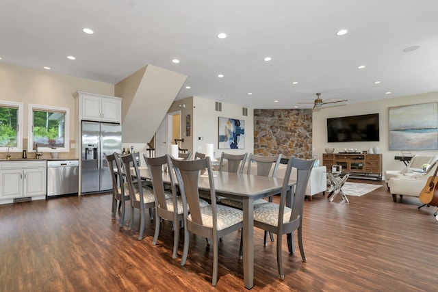 90 Paugus Park Rd, Laconia, NH 03246 - dining area with recessed lighting, ceiling fan, and dark wood-style flooring