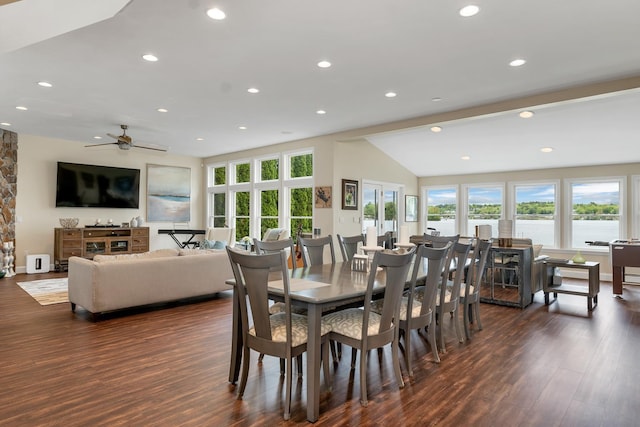 90 Paugus Park Rd, Laconia, NH 03246 - dining area featuring dark wood-type flooring, recessed lighting, ceiling fan, lofted ceiling, and a water view