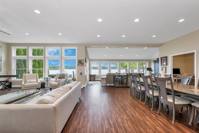 90 Paugus Park Rd, Laconia, NH 03246 - living room featuring dark wood-style flooring, recessed lighting, a water view, and baseboards