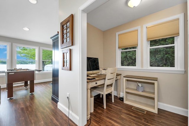 90 Paugus Park Rd, Laconia, NH 03246 - office area with baseboards, dark wood-style floors, and recessed lighting