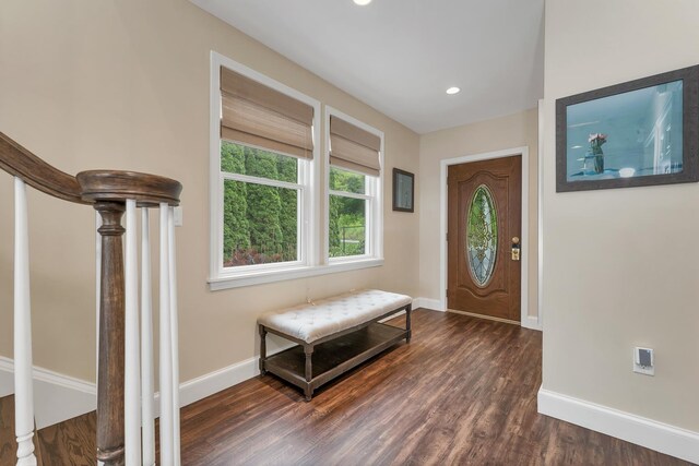 90 Paugus Park Rd, Laconia, NH 03246 - foyer featuring baseboards, dark wood-style floors, recessed lighting, and stairs
