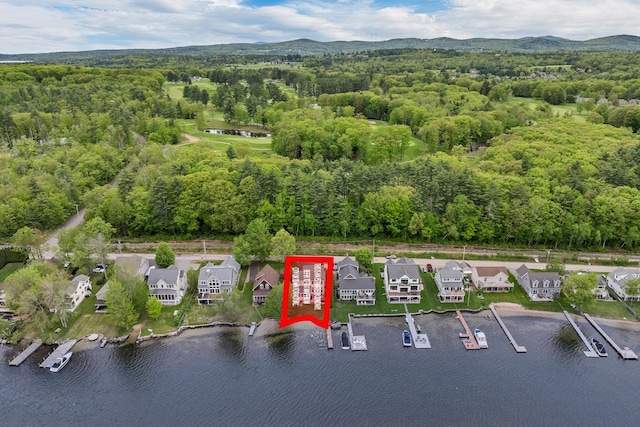 90 Paugus Park Rd, Laconia, NH 03246 - aerial view of property's location with a heavily wooded area, a water and mountain view, and nearby suburban area