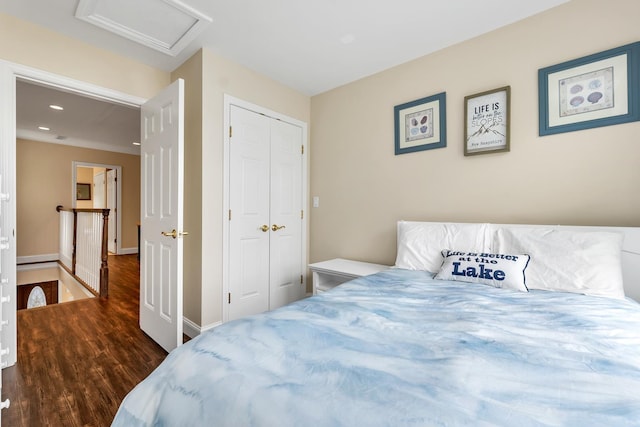 90 Paugus Park Rd, Laconia, NH 03246 - bedroom with wood finished floors, attic access, a closet, baseboards, and recessed lighting