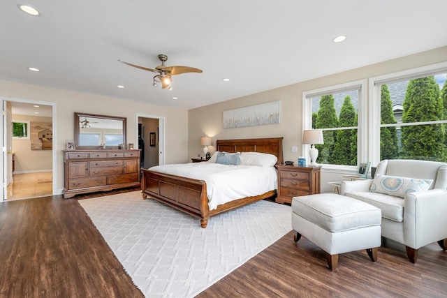 90 Paugus Park Rd, Laconia, NH 03246 - bedroom with wood finished floors, recessed lighting, a ceiling fan, and connected bathroom