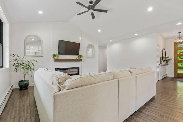 236 Macdowell Rd, Peterborough, NH 03458 - living room with a baseboard radiator, ceiling fan, a glass covered fireplace, dark wood-style flooring, and recessed lighting