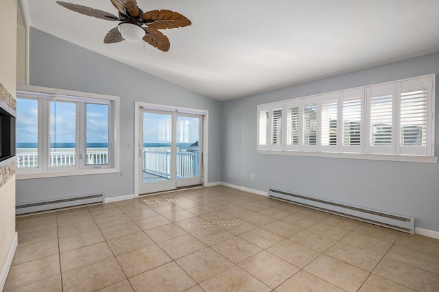185 Kings Hwy, Hampton, NH 03842 - unfurnished room with a baseboard heating unit, lofted ceiling, light tile patterned flooring, baseboards, and ceiling fan