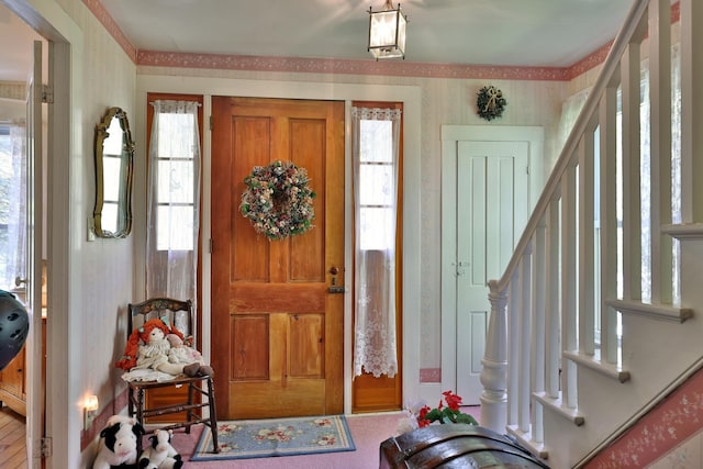 5100 Rte 100, Plymouth, VT 05056 - foyer entrance with wallpapered walls and stairs