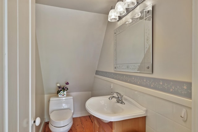 5100 Rte 100, Plymouth, VT 05056 - bathroom with toilet, vanity, wood finished floors, vaulted ceiling, and a wainscoted wall