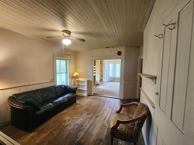 16 Northridge Rd, Burke, VT 05871 - living area with a ceiling fan, wood-type flooring, healthy amount of natural light, and wood ceiling