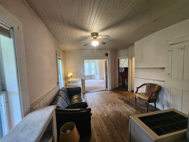 16 Northridge Rd, Burke, VT 05871 - living area with wooden ceiling, a ceiling fan, hardwood / wood-style flooring, and wainscoting