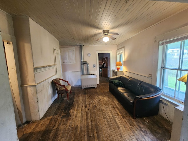 16 Northridge Rd, Burke, VT 05871 - living area featuring a wainscoted wall, wood-type flooring, wood ceiling, and ceiling fan