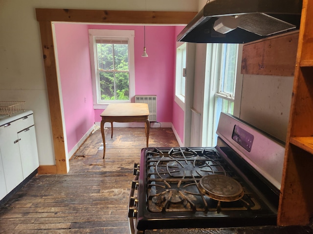 16 Northridge Rd, Burke, VT 05871 - kitchen with stainless steel gas range oven, under cabinet range hood, dark wood-style flooring, and white cabinets
