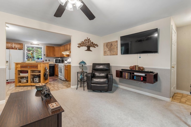 37 Thorndike Rd, Weare, NH 03281 - living room featuring a ceiling fan, baseboards, and light carpet