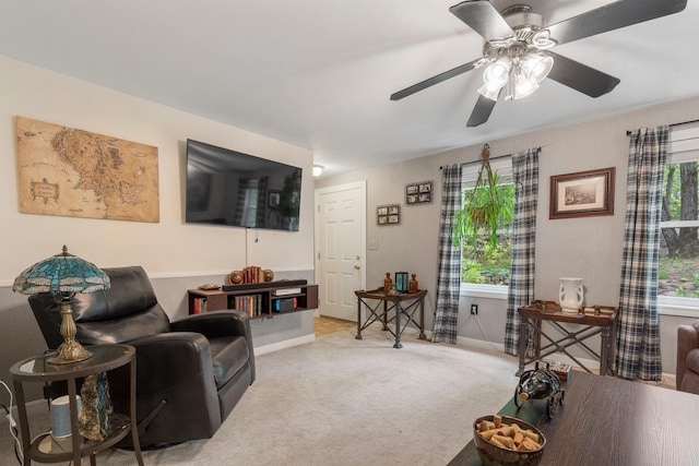37 Thorndike Rd, Weare, NH 03281 - living room featuring ceiling fan, light colored carpet, and baseboards