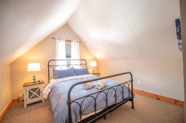 15 Spring Hill Rd, Dover, VT 05356 - bedroom featuring carpet, baseboards, lofted ceiling, and a baseboard heating unit
