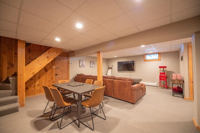 15 Spring Hill Rd, Dover, VT 05356 - carpeted dining space with a drop ceiling, stairs, recessed lighting, wood walls, and baseboards
