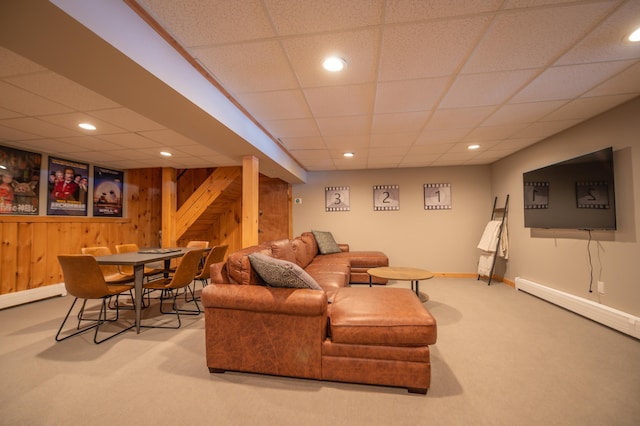 15 Spring Hill Rd, Dover, VT 05356 - carpeted living room with wood walls, recessed lighting, a drop ceiling, baseboards, and a baseboard radiator