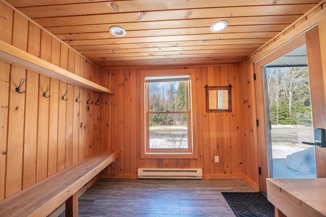15 Spring Hill Rd, Dover, VT 05356 - mudroom featuring baseboard heating, healthy amount of natural light, wooden ceiling, wood finished floors, and wood walls