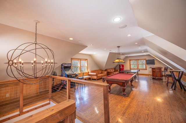 15 Spring Hill Rd, Dover, VT 05356 - rec room with vaulted ceiling, wood finished floors, pool table, and recessed lighting