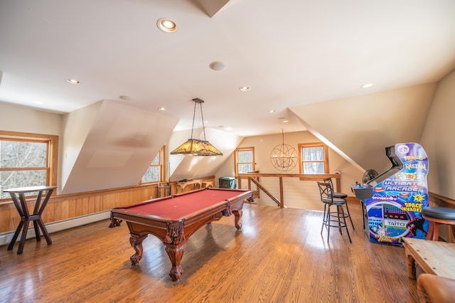 15 Spring Hill Rd, Dover, VT 05356 - playroom featuring plenty of natural light, wood finished floors, lofted ceiling, billiards table, and recessed lighting