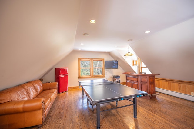 15 Spring Hill Rd, Dover, VT 05356 - game room featuring vaulted ceiling, wood finished floors, recessed lighting, and baseboard heating