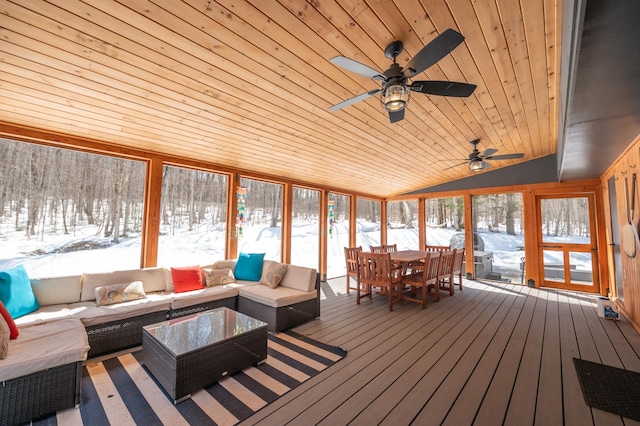 15 Spring Hill Rd, Dover, VT 05356 - sunroom / solarium with an outdoor hangout area, outdoor dining area, lofted ceiling, and ceiling fan