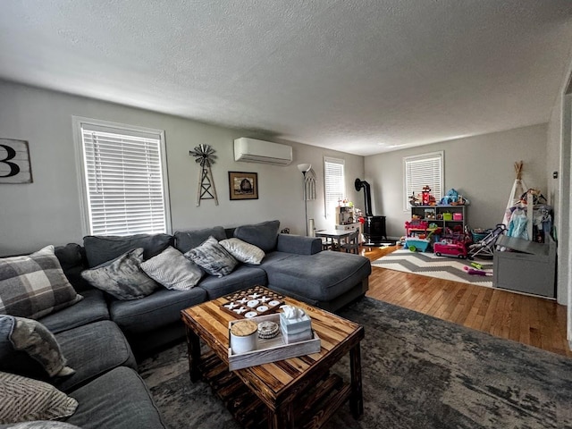 10 Irving Dr, Weare, NH 03281 - living area featuring an AC wall unit, a textured ceiling, wood finished floors, and a wood stove