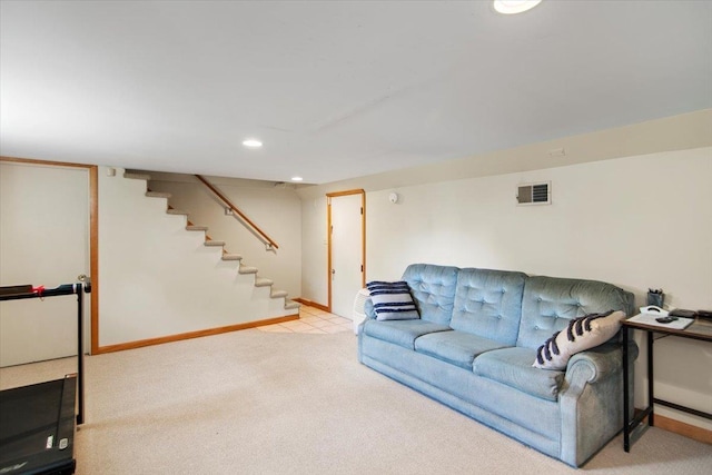 158 Clark Ave, Brattleboro, VT 05301 - carpeted living room featuring stairway, recessed lighting, and baseboards
