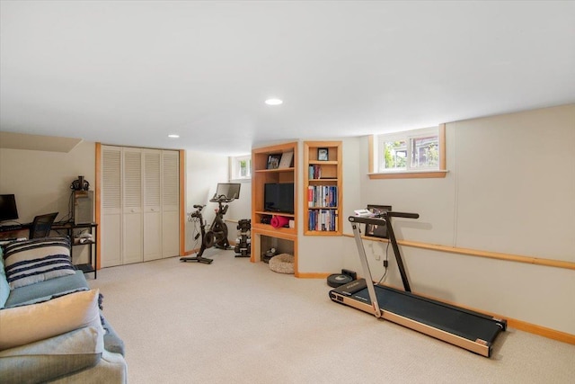 158 Clark Ave, Brattleboro, VT 05301 - workout room featuring carpet floors, baseboards, and recessed lighting