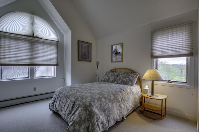 782 E Mountain Rd Unit C2, Killington, VT 05751 - bedroom with carpet, a baseboard heating unit, multiple windows, vaulted ceiling, and baseboards