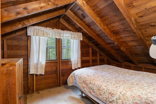 17 Hayes Ln, Acton, ME 04001 - bedroom featuring lofted ceiling, wooden ceiling, and wood walls