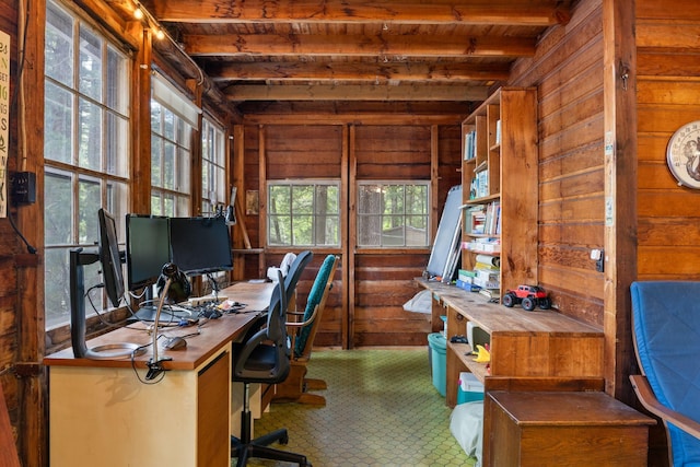 17 Hayes Ln, Acton, ME 04001 - office featuring wood ceiling with exposed beams and wooden walls