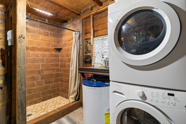 17 Hayes Ln, Acton, ME 04001 - laundry room featuring stacked washer / dryer, wooden ceiling, and tile patterned floors