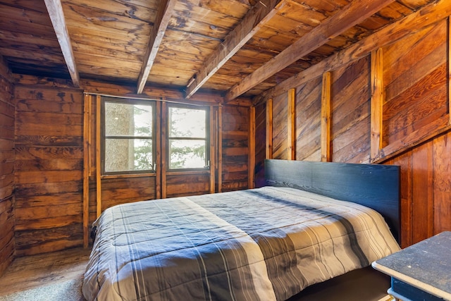 17 Hayes Ln, Acton, ME 04001 - bedroom featuring wooden ceiling with exposed beams, wooden walls, and wood finished floors