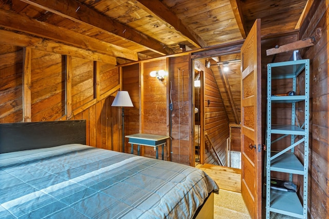 17 Hayes Ln, Acton, ME 04001 - bedroom with wooden ceiling with exposed beams and wooden walls