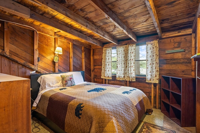 17 Hayes Ln, Acton, ME 04001 - bedroom with wooden ceiling with exposed beams and wood walls