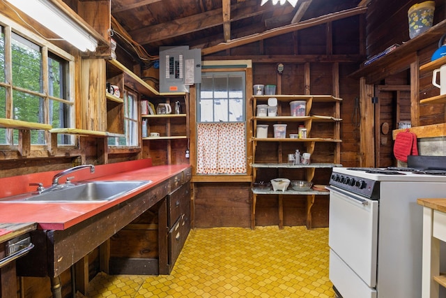 17 Hayes Ln, Acton, ME 04001 - kitchen with white range with gas cooktop, a sink, electric panel, open shelves, and lofted ceiling