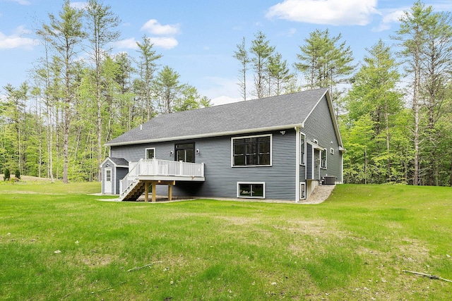 380 Greenfield Rd, Peterborough, NH 03458 - rear view of property featuring a wooden deck, central air condition unit, a yard, roof with shingles, and stairs