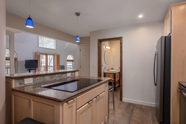 31 Plumley Ave, Ludlow, VT 05149 - kitchen featuring black electric cooktop, freestanding refrigerator, dark wood-type flooring, light brown cabinetry, and recessed lighting