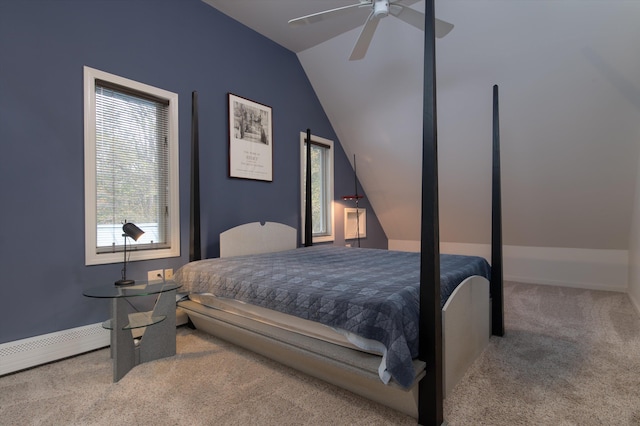 31 Plumley Ave, Ludlow, VT 05149 - bedroom featuring carpet flooring, vaulted ceiling, and a ceiling fan