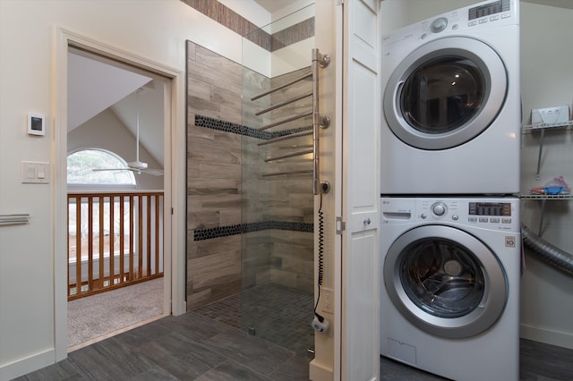 31 Plumley Ave, Ludlow, VT 05149 - washroom with stacked washer / drying machine and ceiling fan