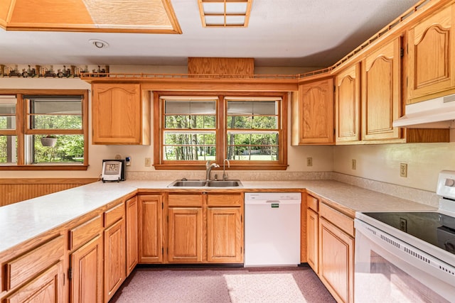 133 Pine Meadow Dr, Colchester, VT 05446 - kitchen featuring white appliances, a sink, under cabinet range hood, and light countertops