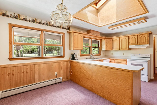133 Pine Meadow Dr, Colchester, VT 05446 - kitchen with electric range, under cabinet range hood, light carpet, a baseboard heating unit, and a sink